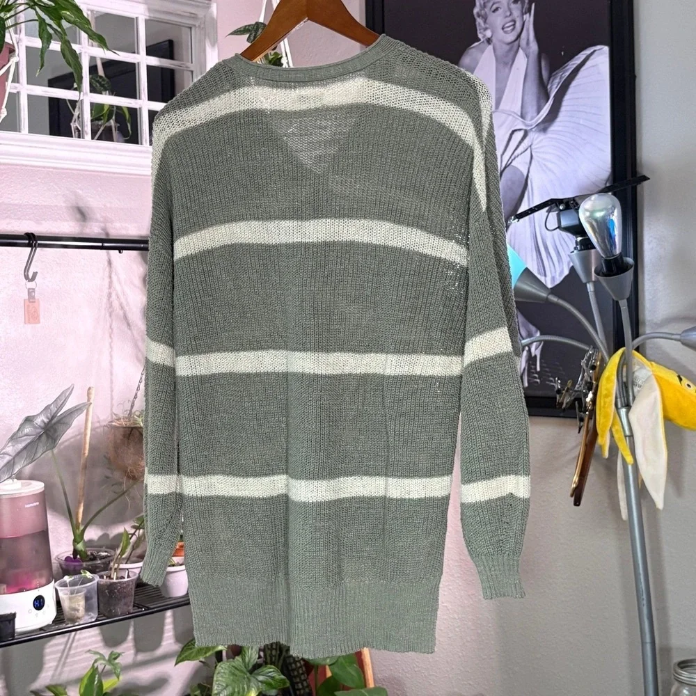 American Eagle Henley Sweater Womens XS/S Green Striped High Low‎ Coastal Boho